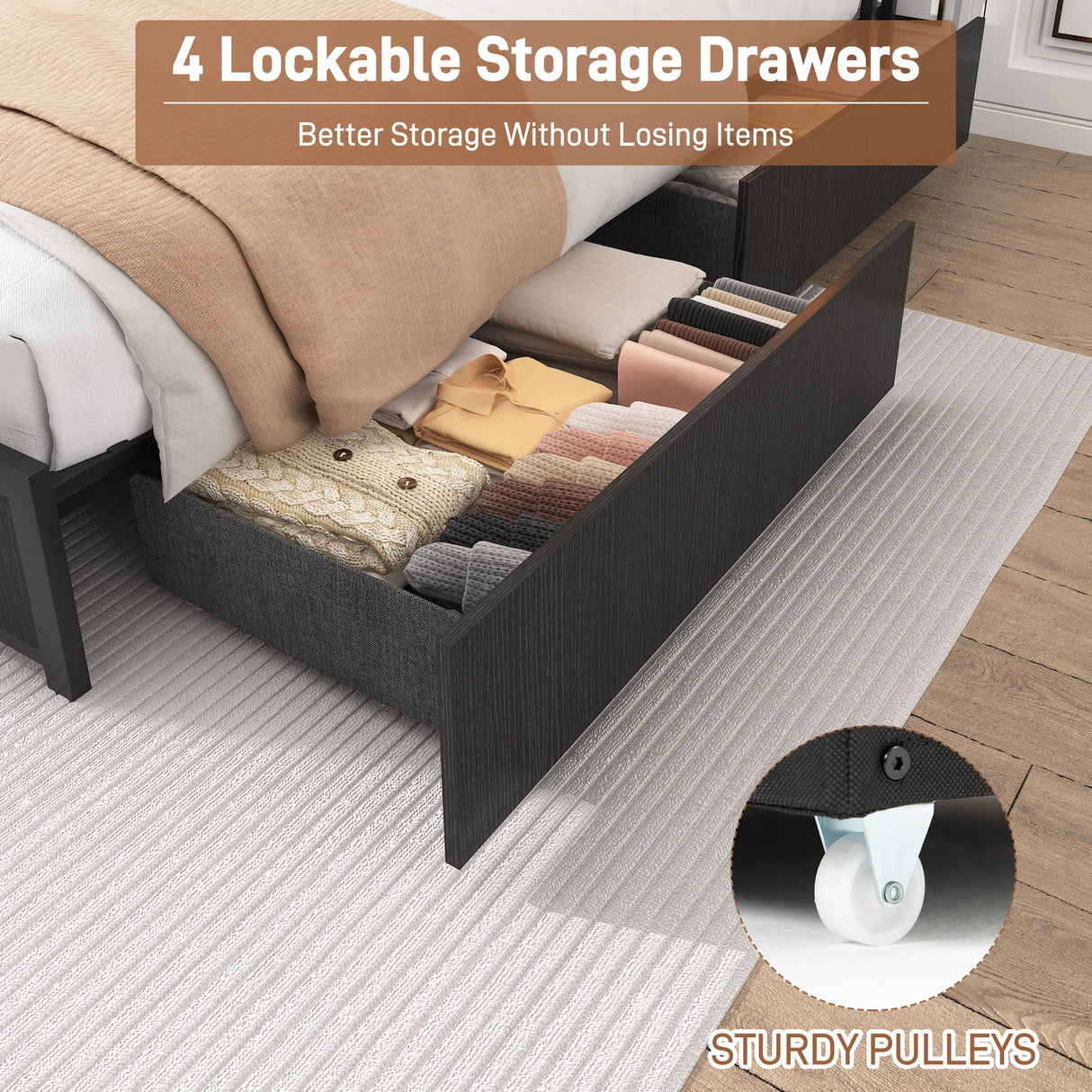 Queen LED Platform Bed Frame With Storage Drawers and USB Charging