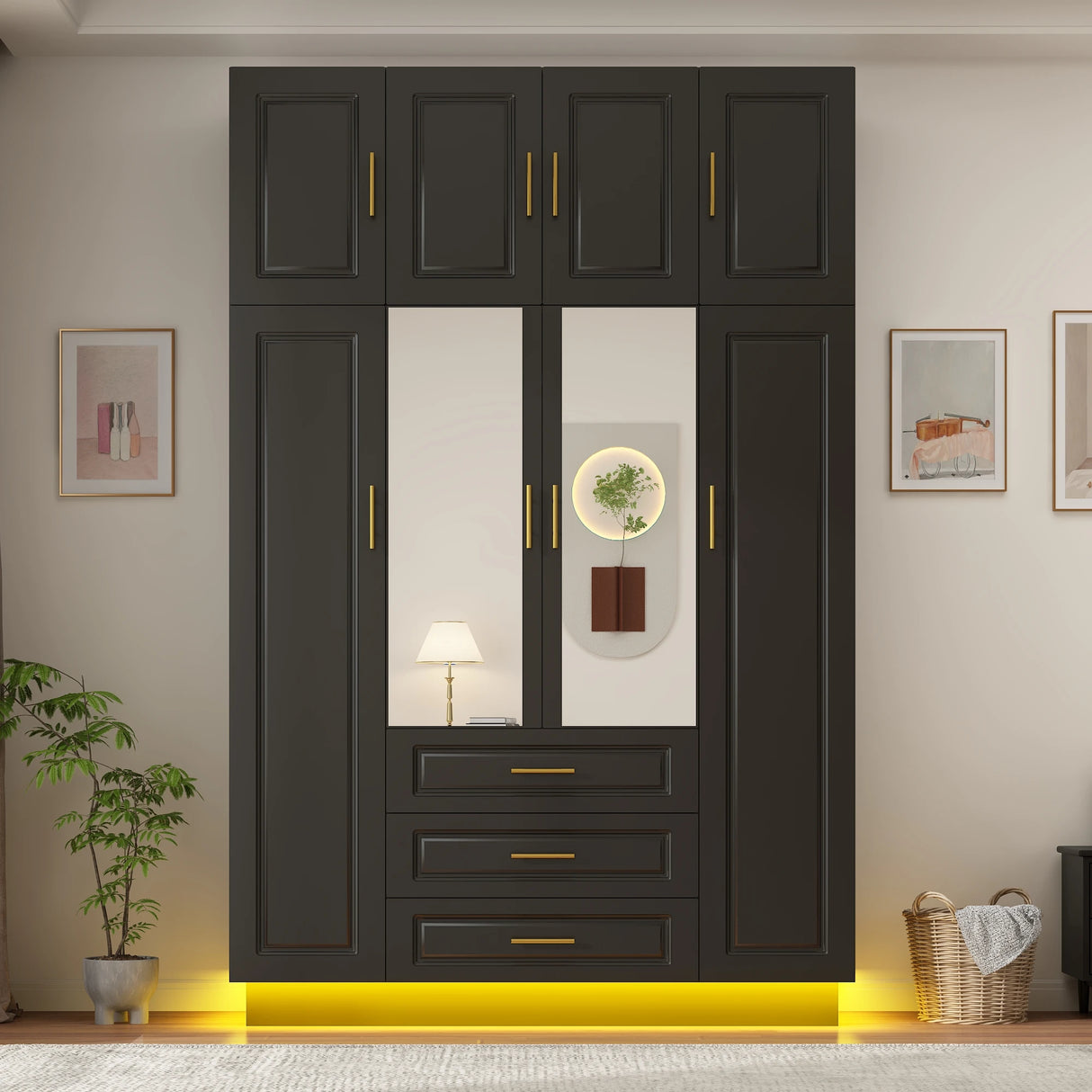 Modern Minimalist 4-Door LED Armoire Wardrobe Closet