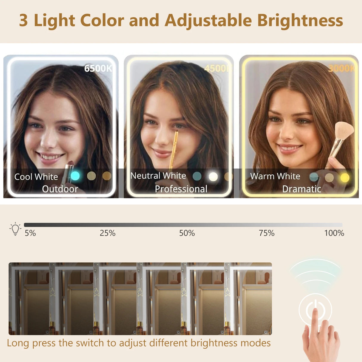 Modern Wooden Vanity Desk With Mirror Lights Charging Station