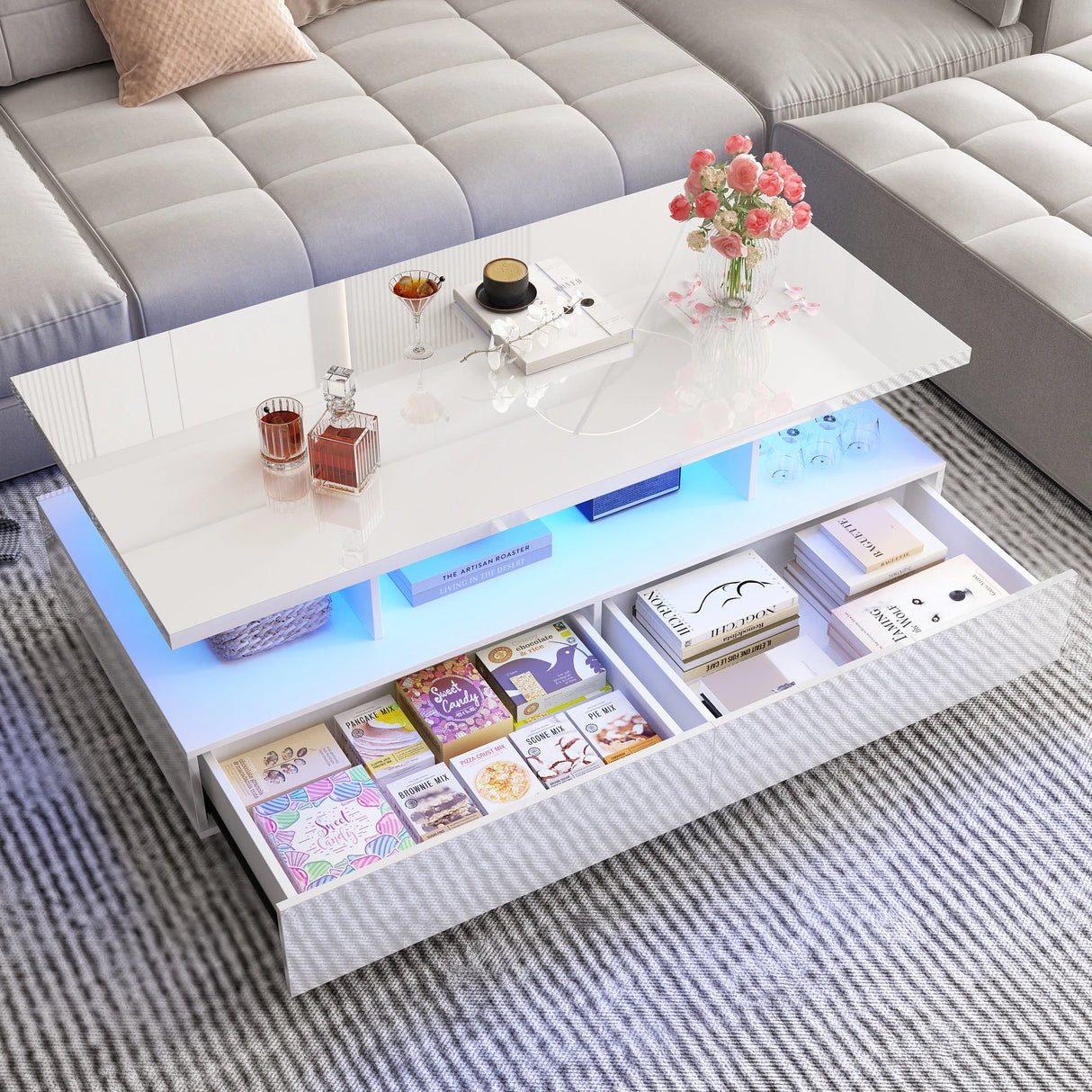 43-Inch Modern LED High Gloss Coffee Table With Storage Drawers