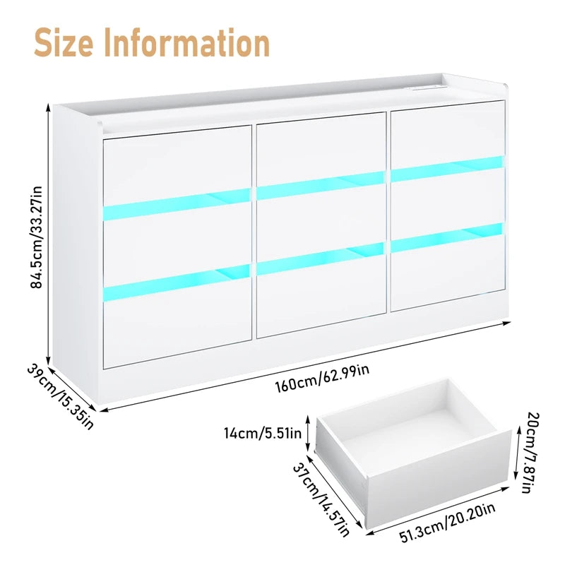9-Drawer Wooden Dresser With LED Lights And Charging Station