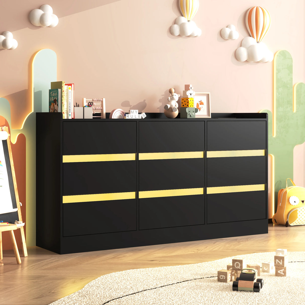 9-Drawer Wooden Dresser With LED Lights And Charging Station