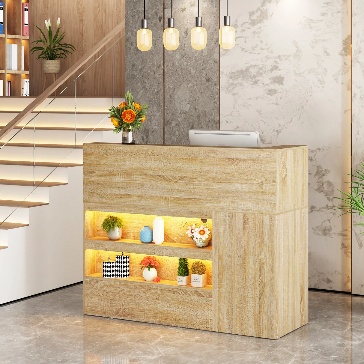Modern LED Reception Desk With Storage Cabinets and Power Outlets