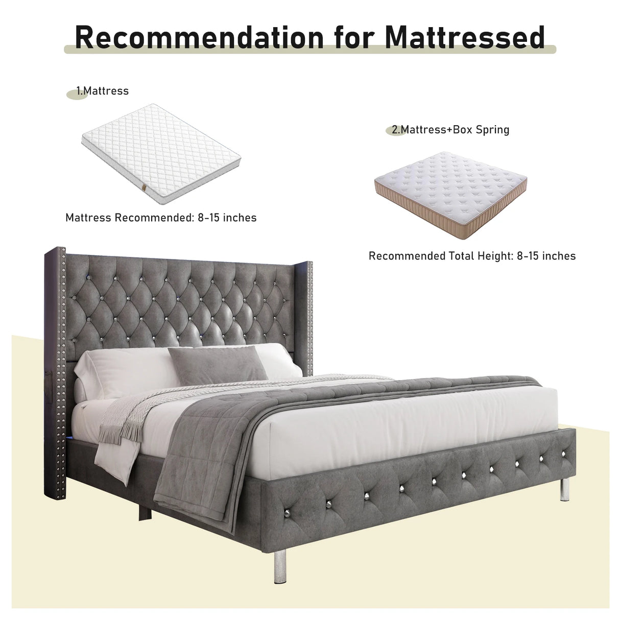 Queen Velvet Upholstered Wingback Bed Frame With LED Lights