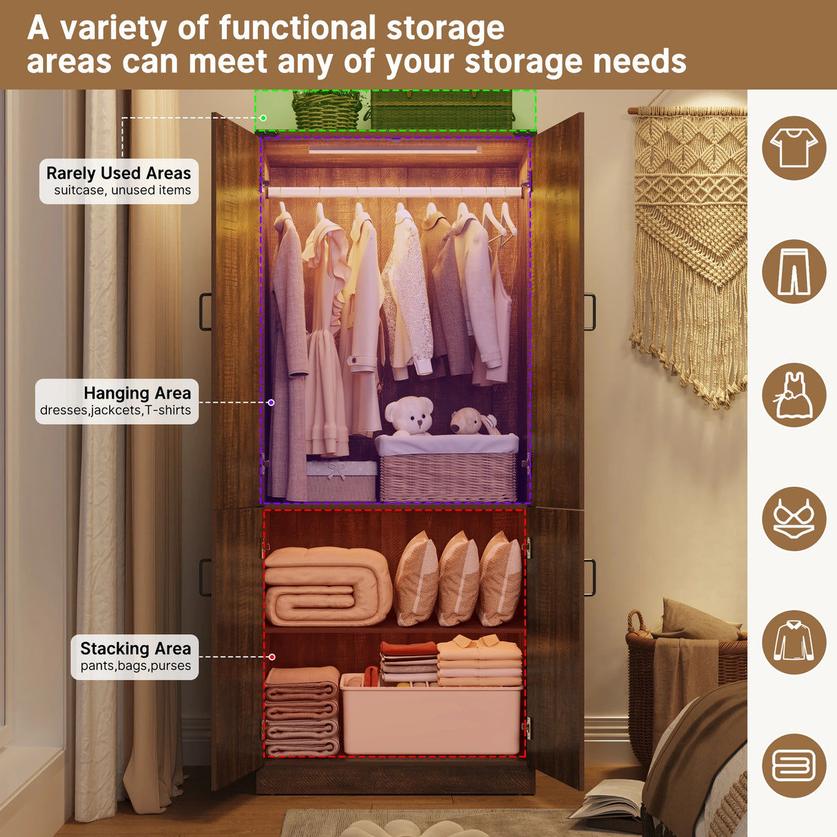 Farmhouse 2-Door Armoire Wardrobe Closet With LED