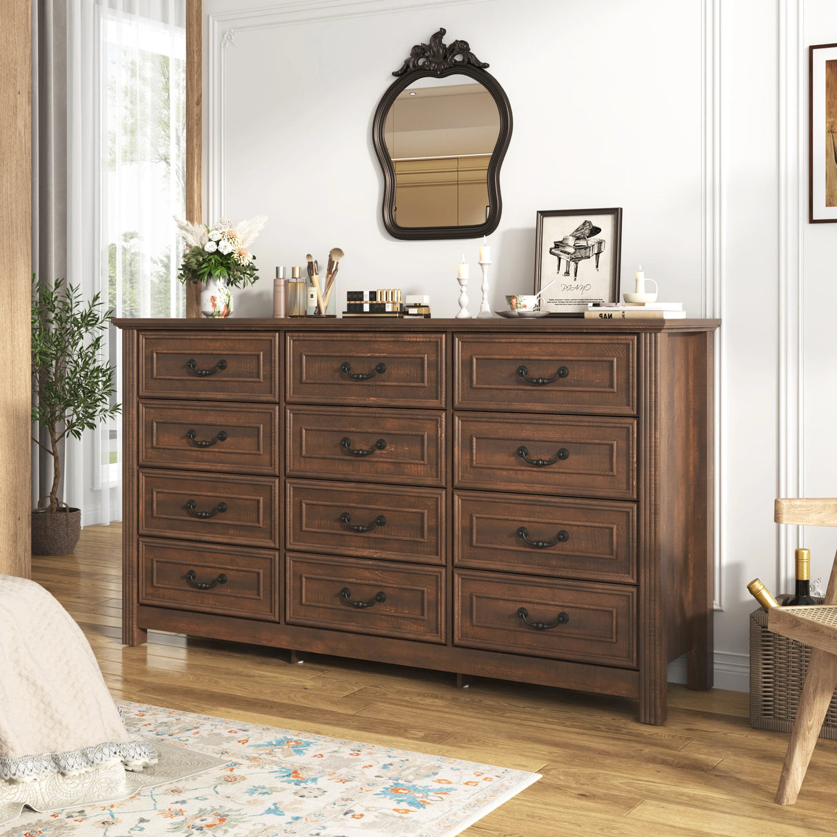 Rustic Wooden 12-Drawer Large Bedroom Dresser Chest