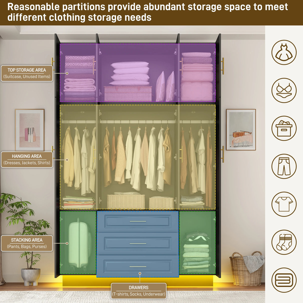 Modern Minimalist 4-Door LED Armoire Wardrobe Closet