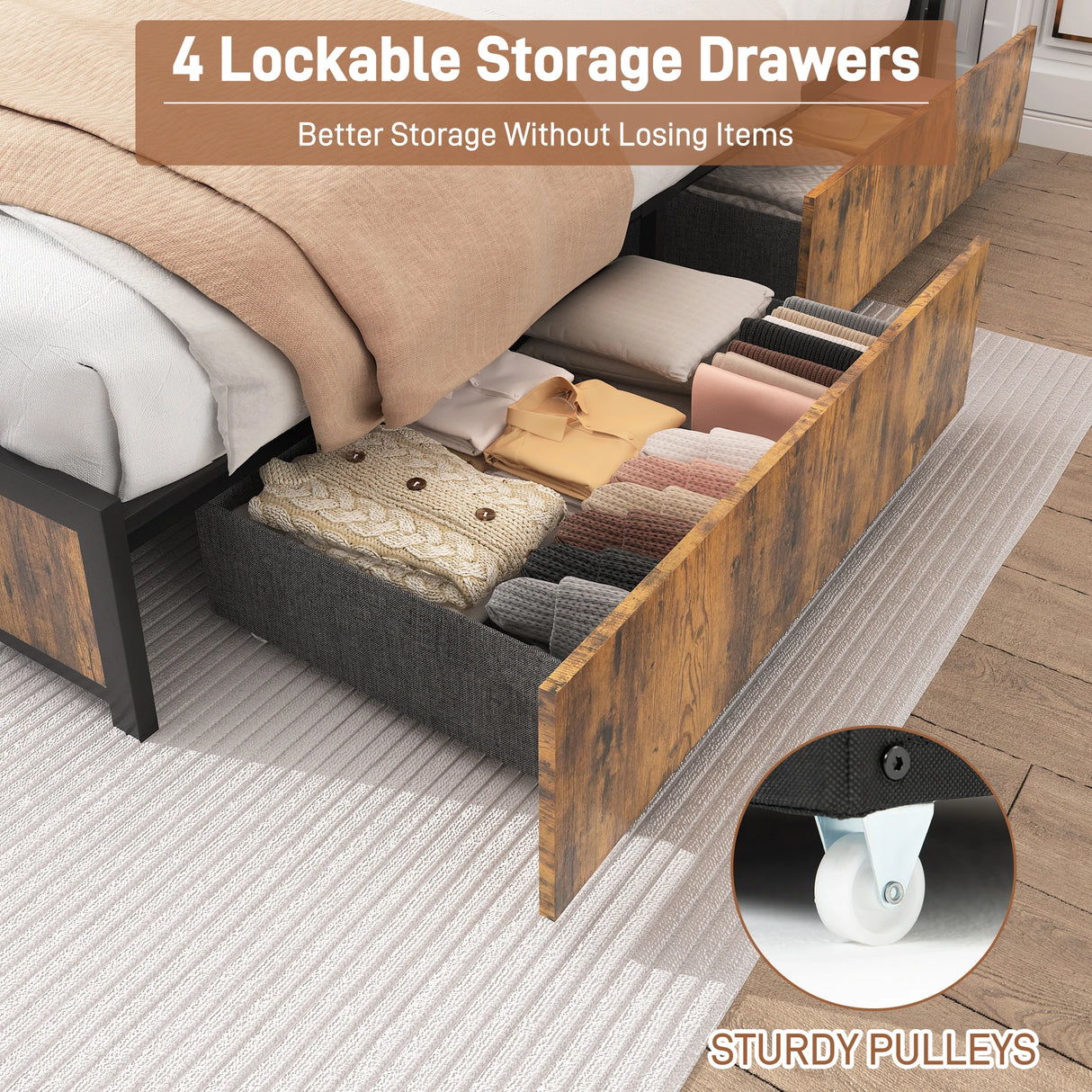 Queen LED Platform Bed Frame With Storage Drawers and USB Charging