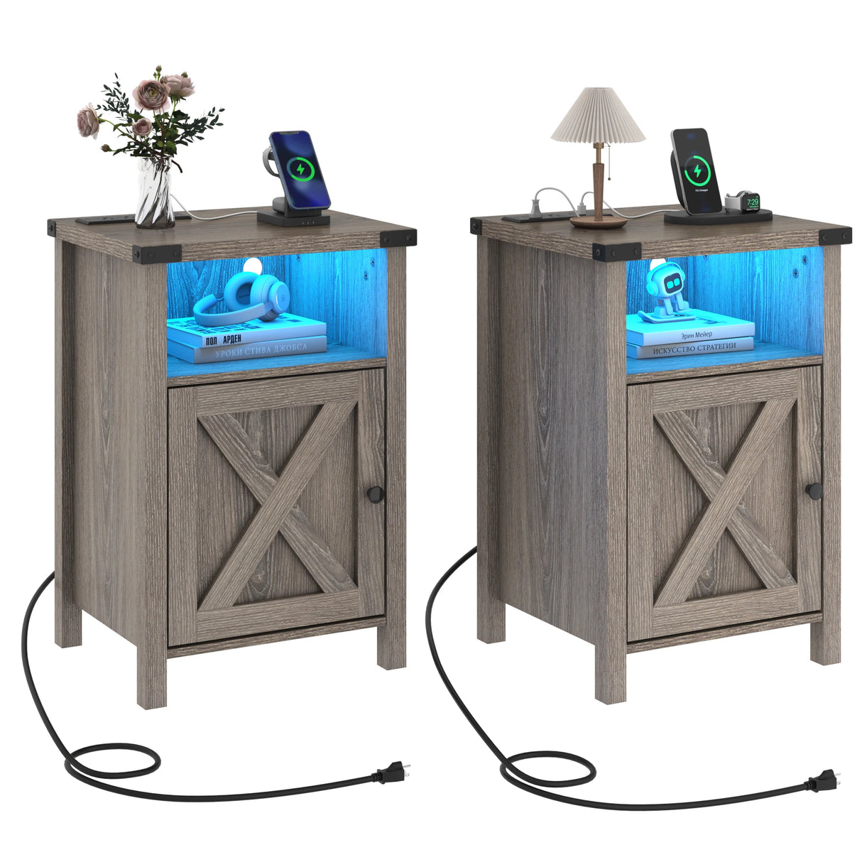 Farmhouse LED Nightstand Set of 2 With Charging Station