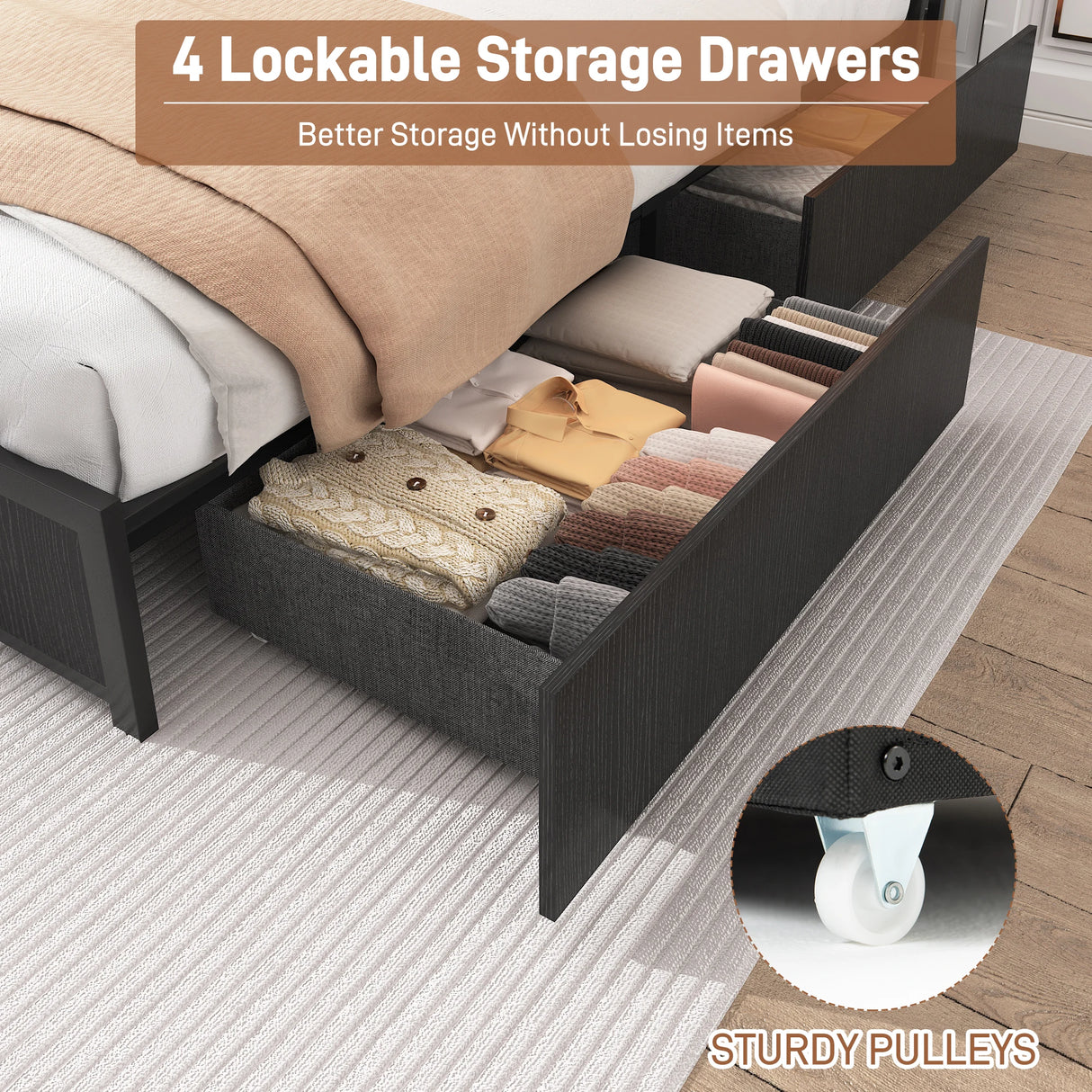 Queen LED Platform Bed Frame With Storage Drawers and USB Charging