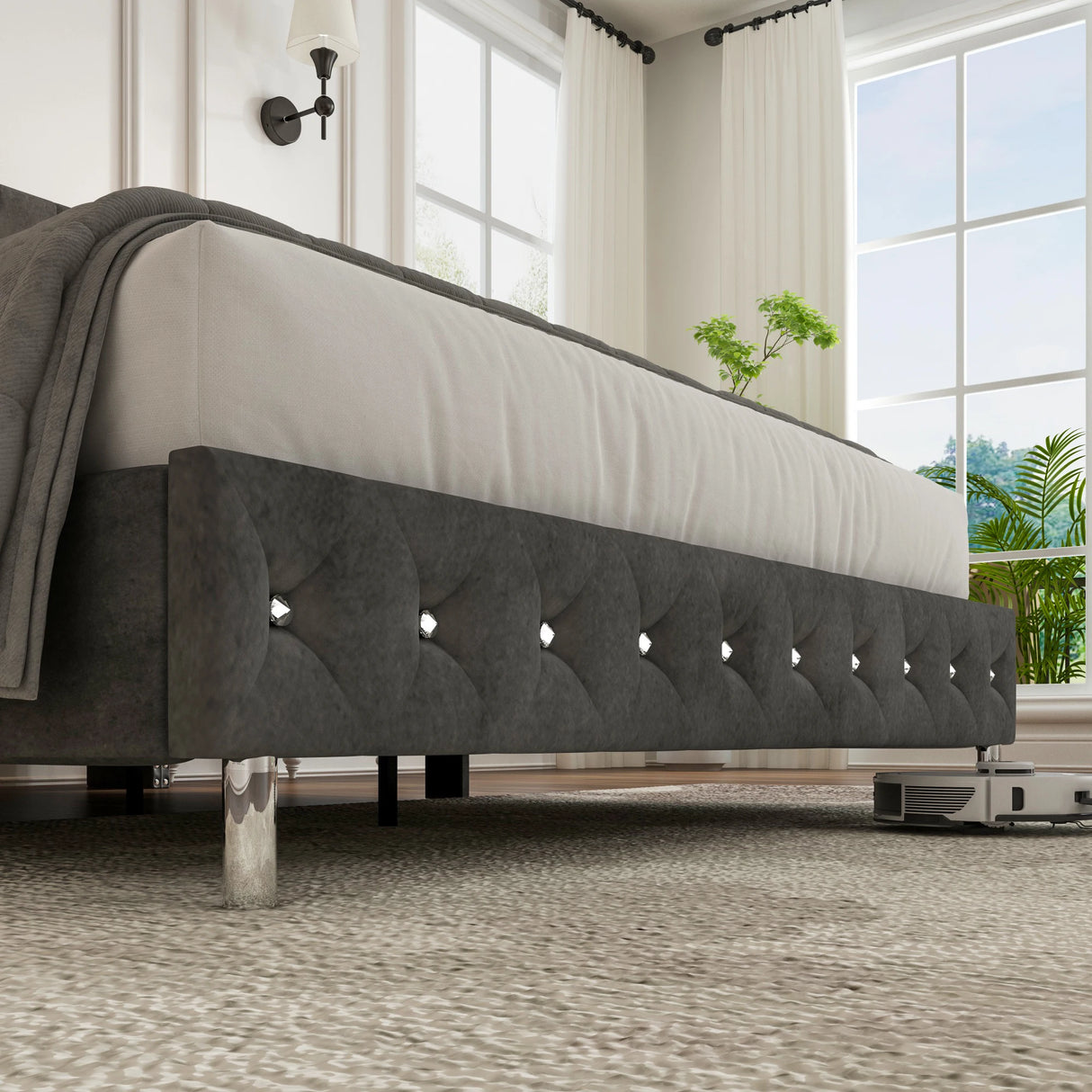 Queen Velvet Upholstered Wingback Bed Frame With LED Lights