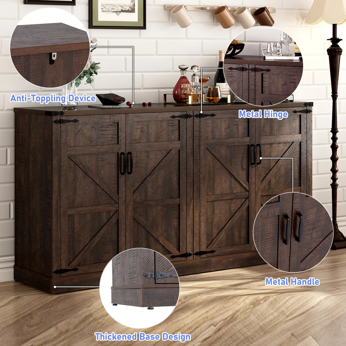 Farmhouse Engineered Wood Adjustable Shelf Sideboard Cabinet
