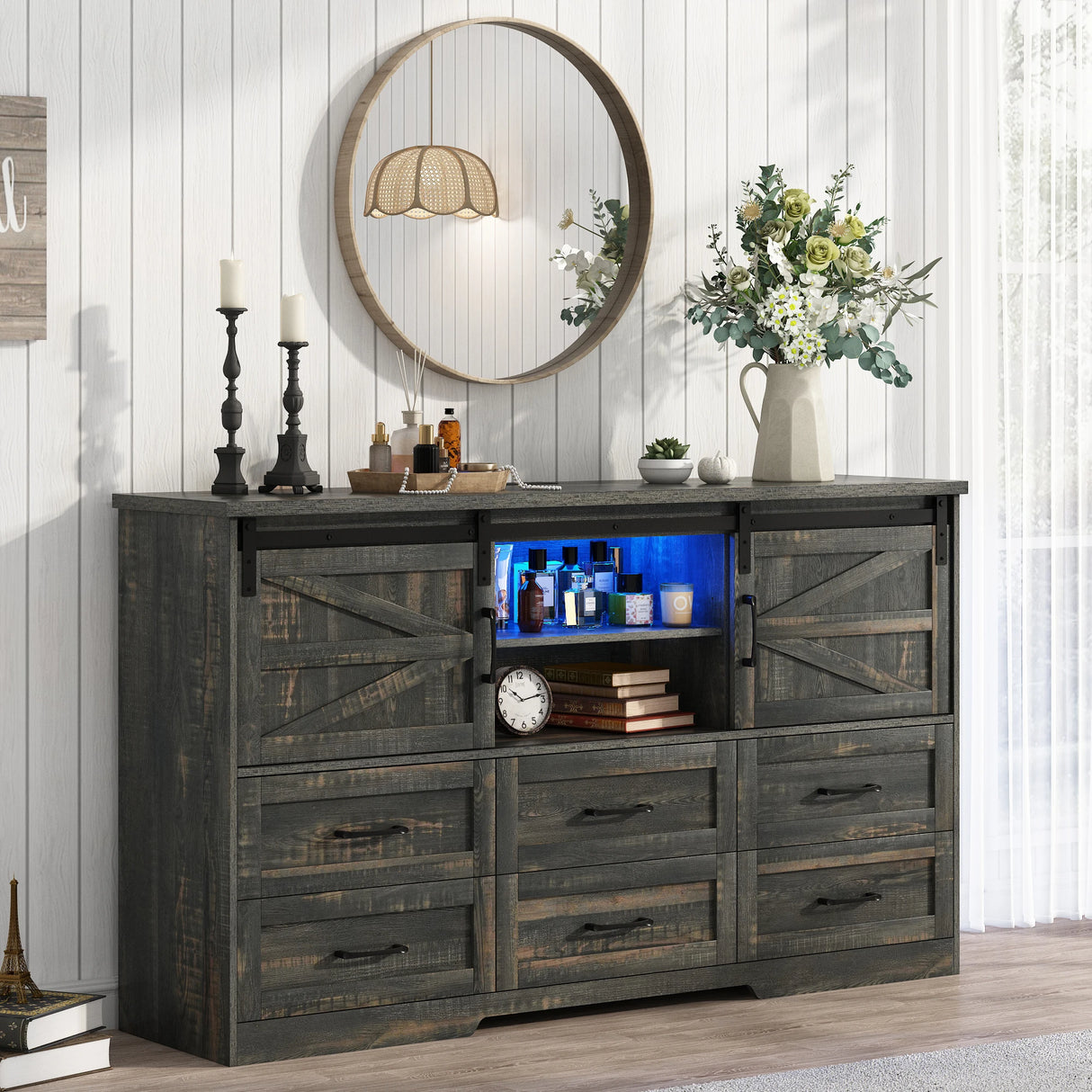 Modern Farmhouse Wood Storage Cabinet With Charging Station