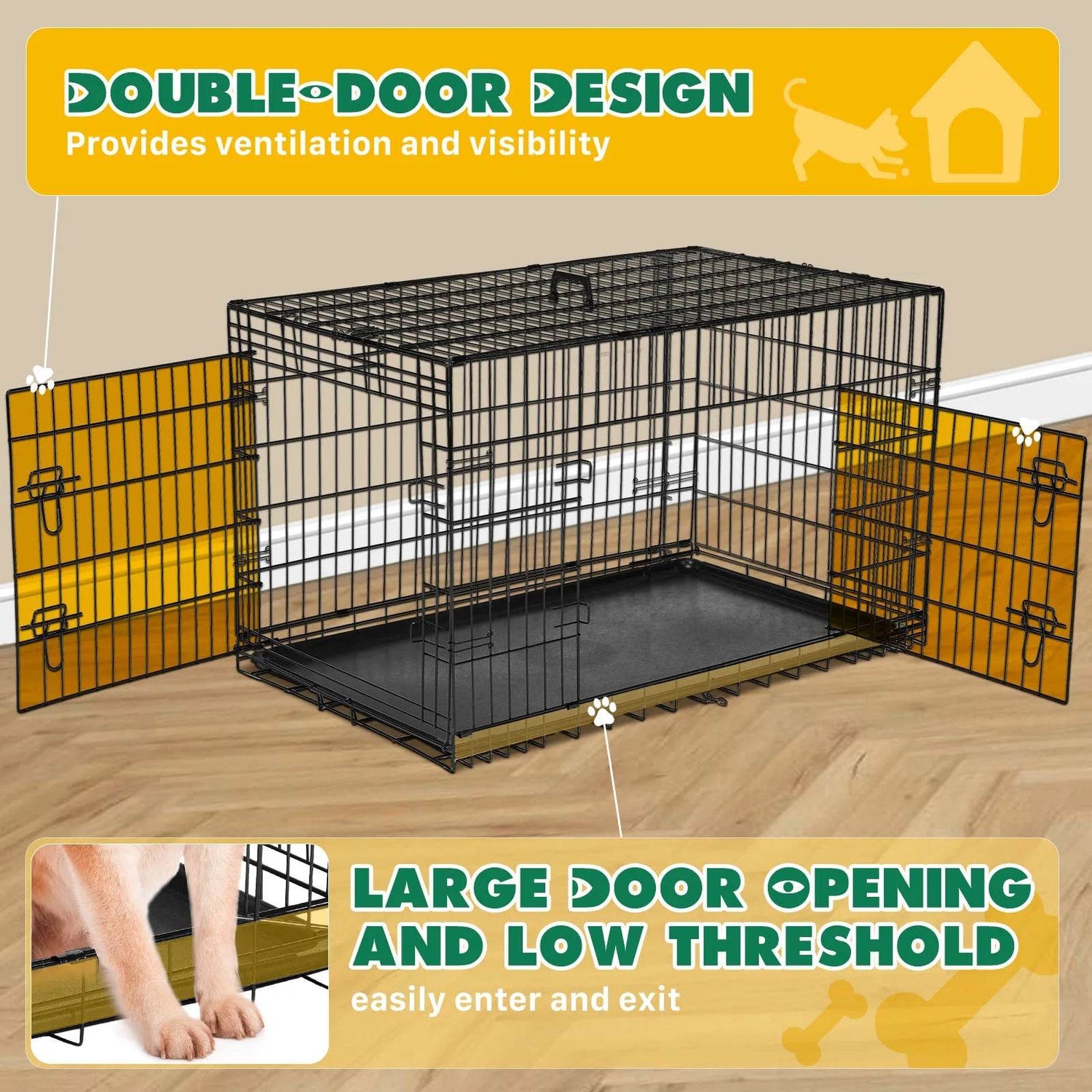 Foldable Double Door Metal Wire Dog Crate With Leak-Proof Tray - Sleep Galleria