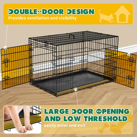Foldable Double Door Metal Wire Dog Crate With Leak-Proof Tray - Sleep Galleria