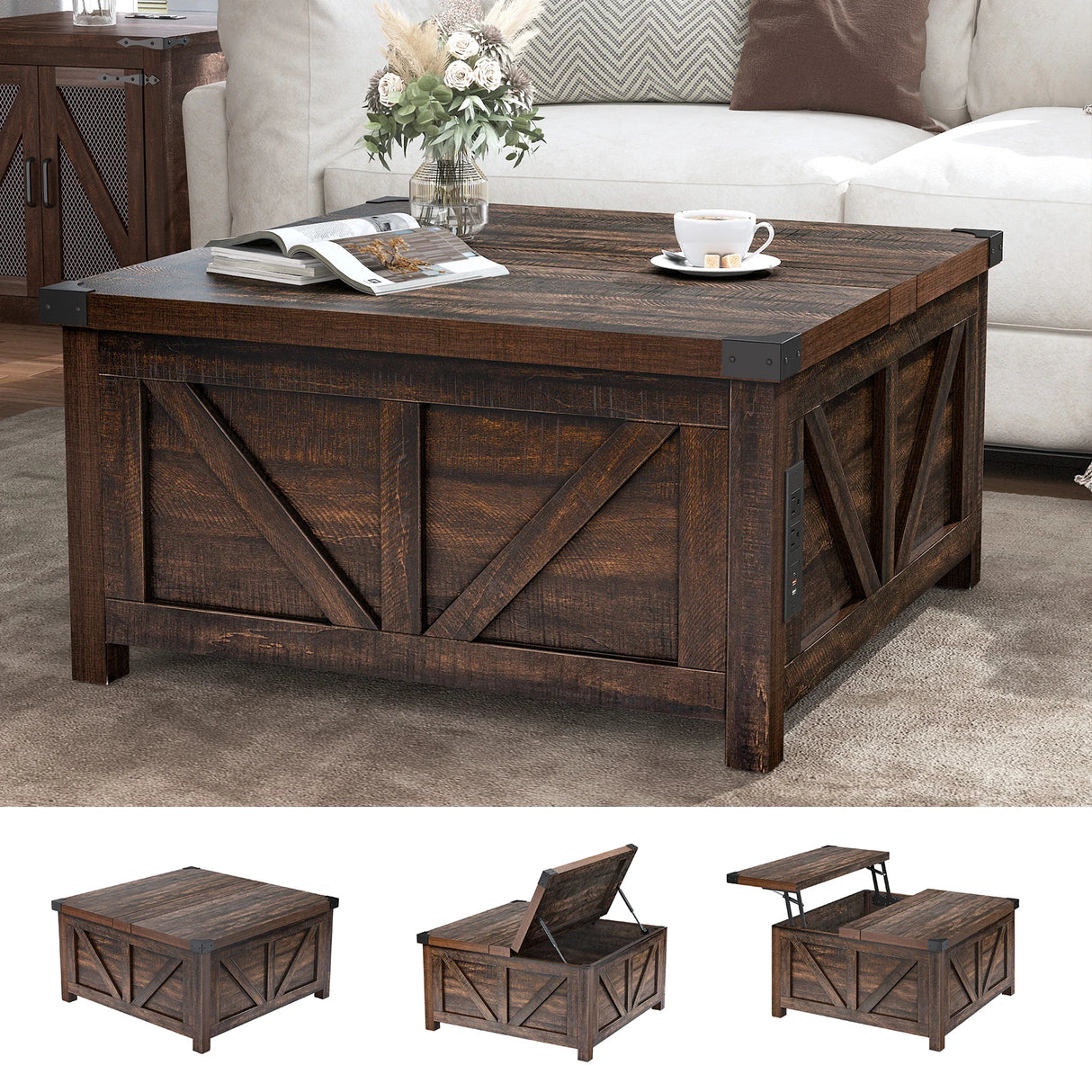 Farmhouse Lift-Top Square Coffee Table With Storage