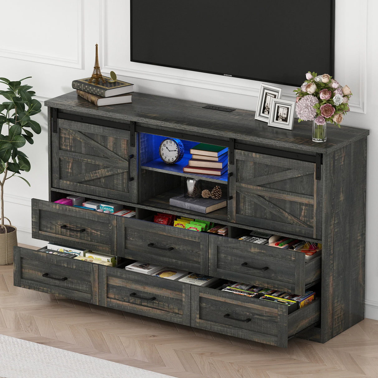 Modern Farmhouse Wood Storage Cabinet With Charging Station