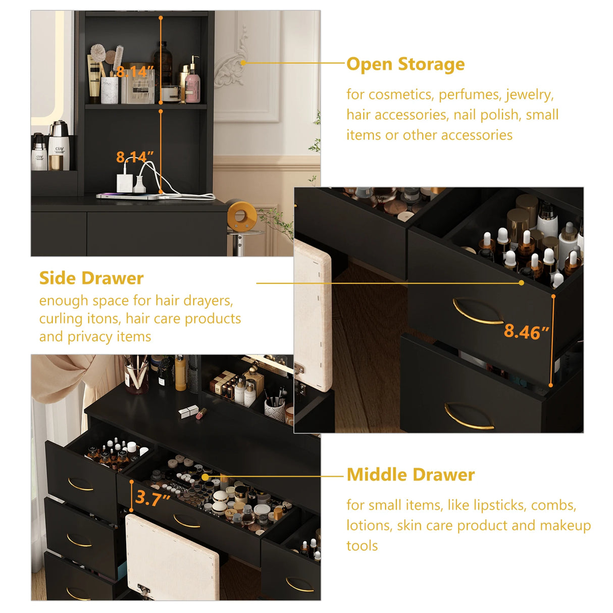 Modern Large Wooden Vanity Desk With Mirror Lights Stool