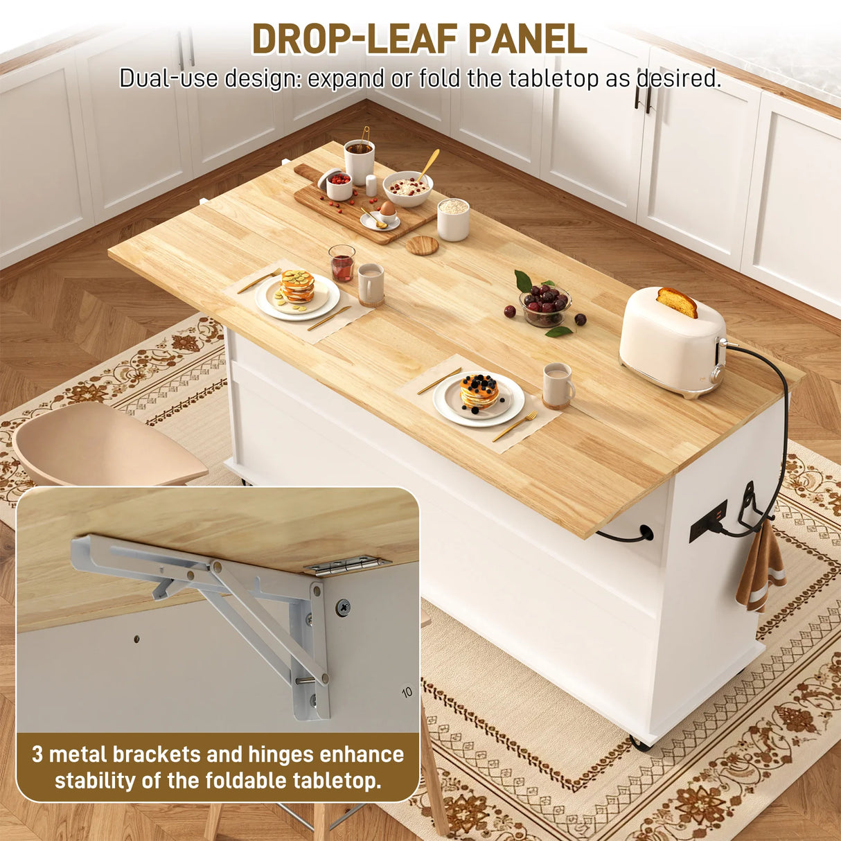 Rolling Wood Kitchen Island Cart With Drop Leaf Countertop