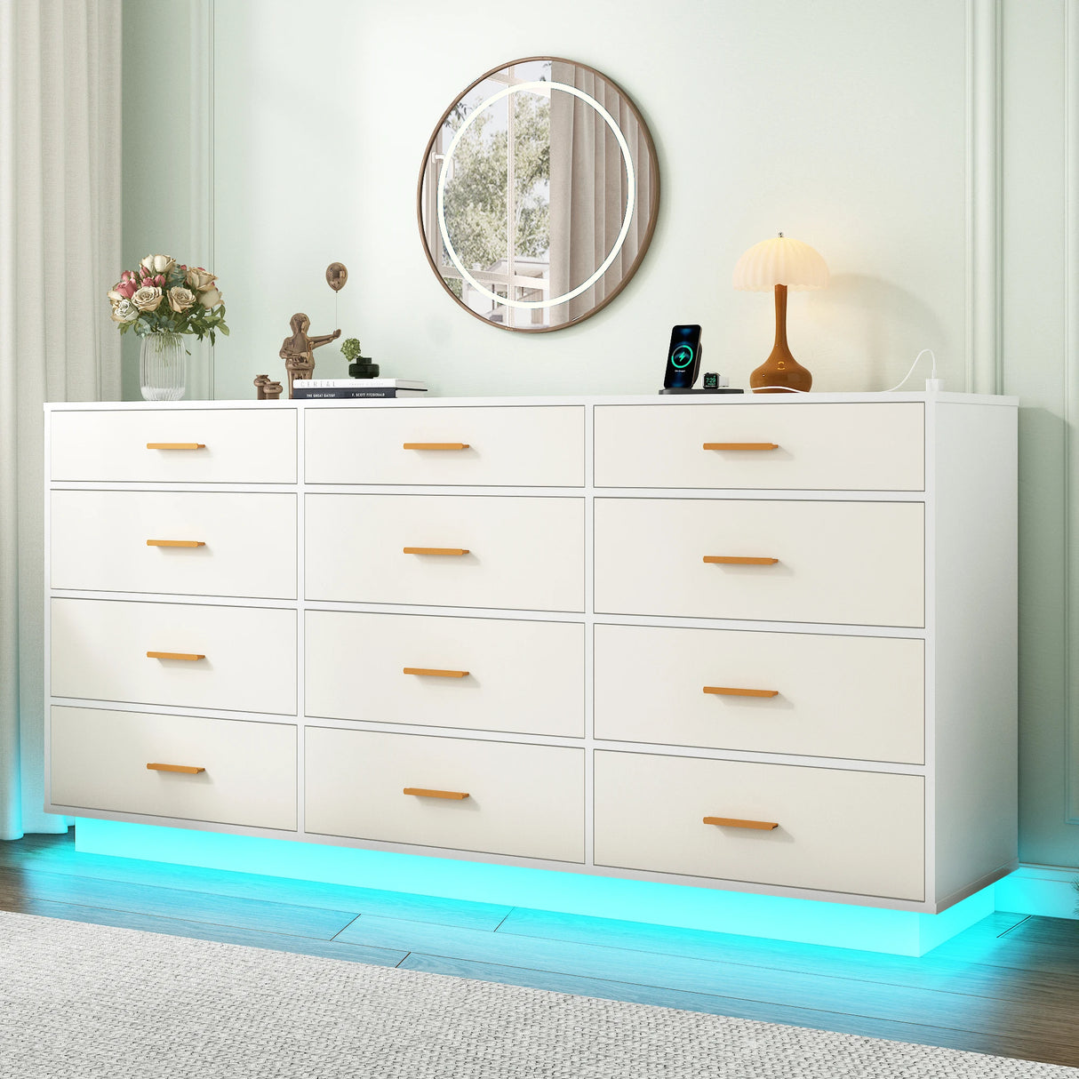 Modern 12 Drawer Dresser With Built-In Charging Station