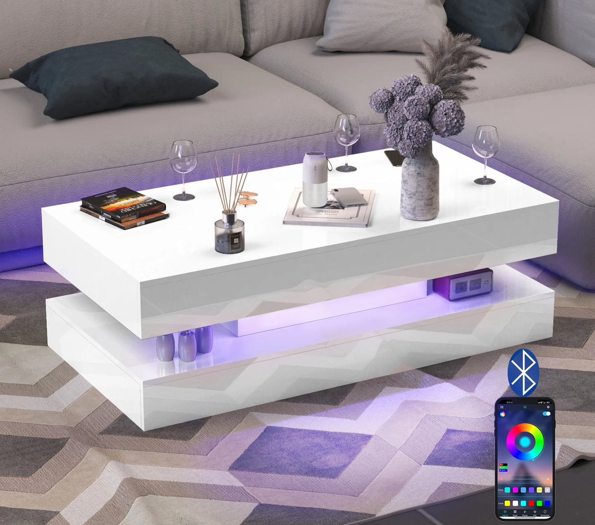 Modern LED High Glossy Wood Coffee Table With Storage
