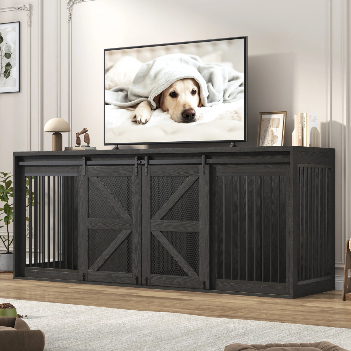 Farmhouse Wooden Large Dog Crate TV Stand Furniture