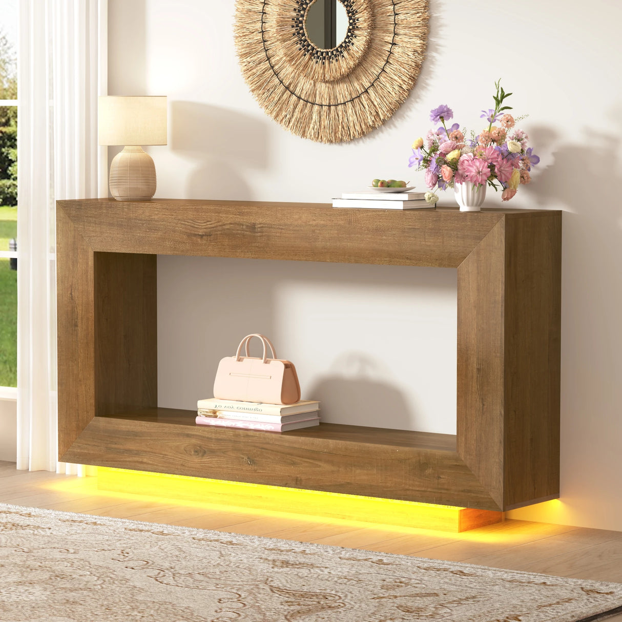 Wooden Farmhouse Console Table With 6000-Color Lighting