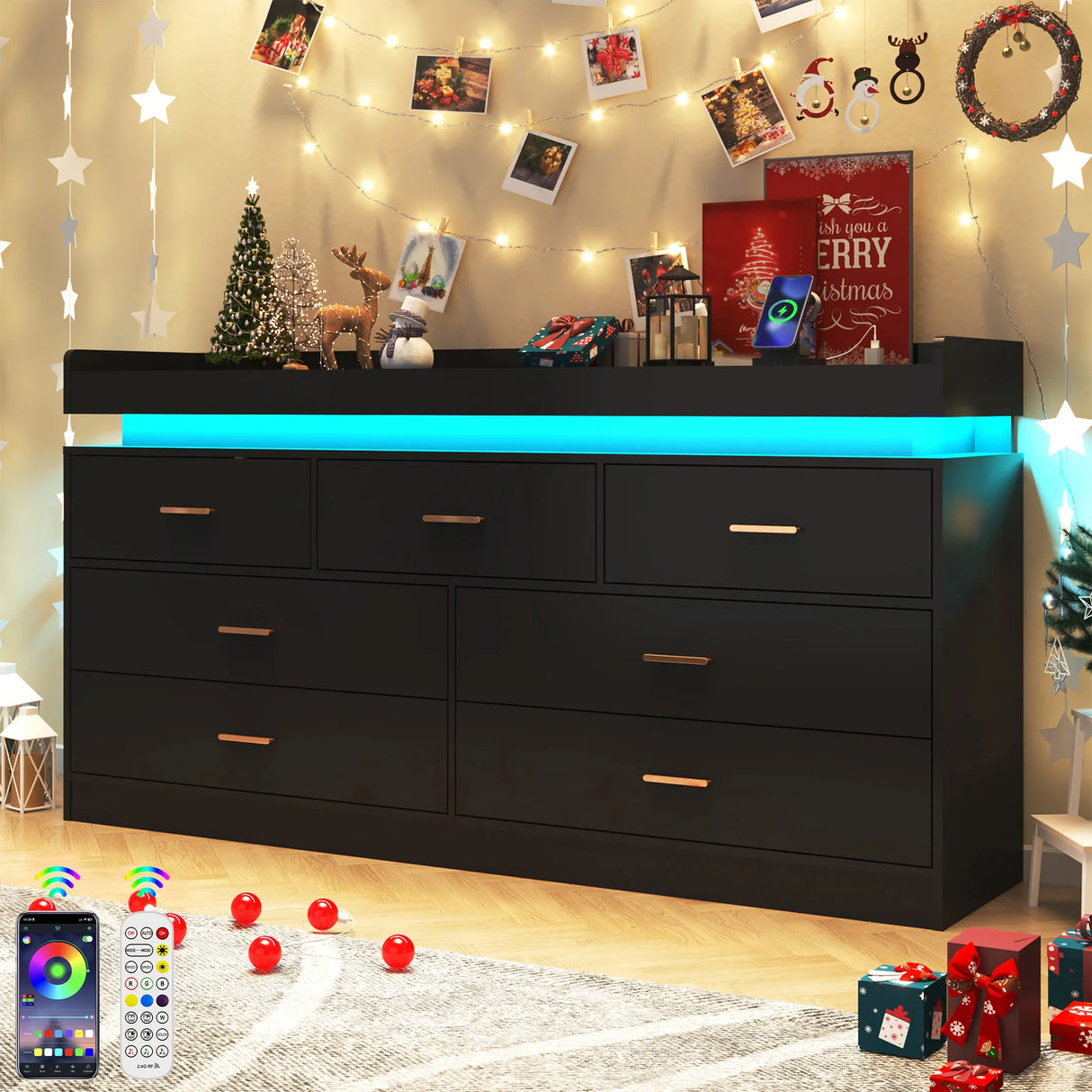 Modern 7-Drawer Wooden Dresser With LED Light