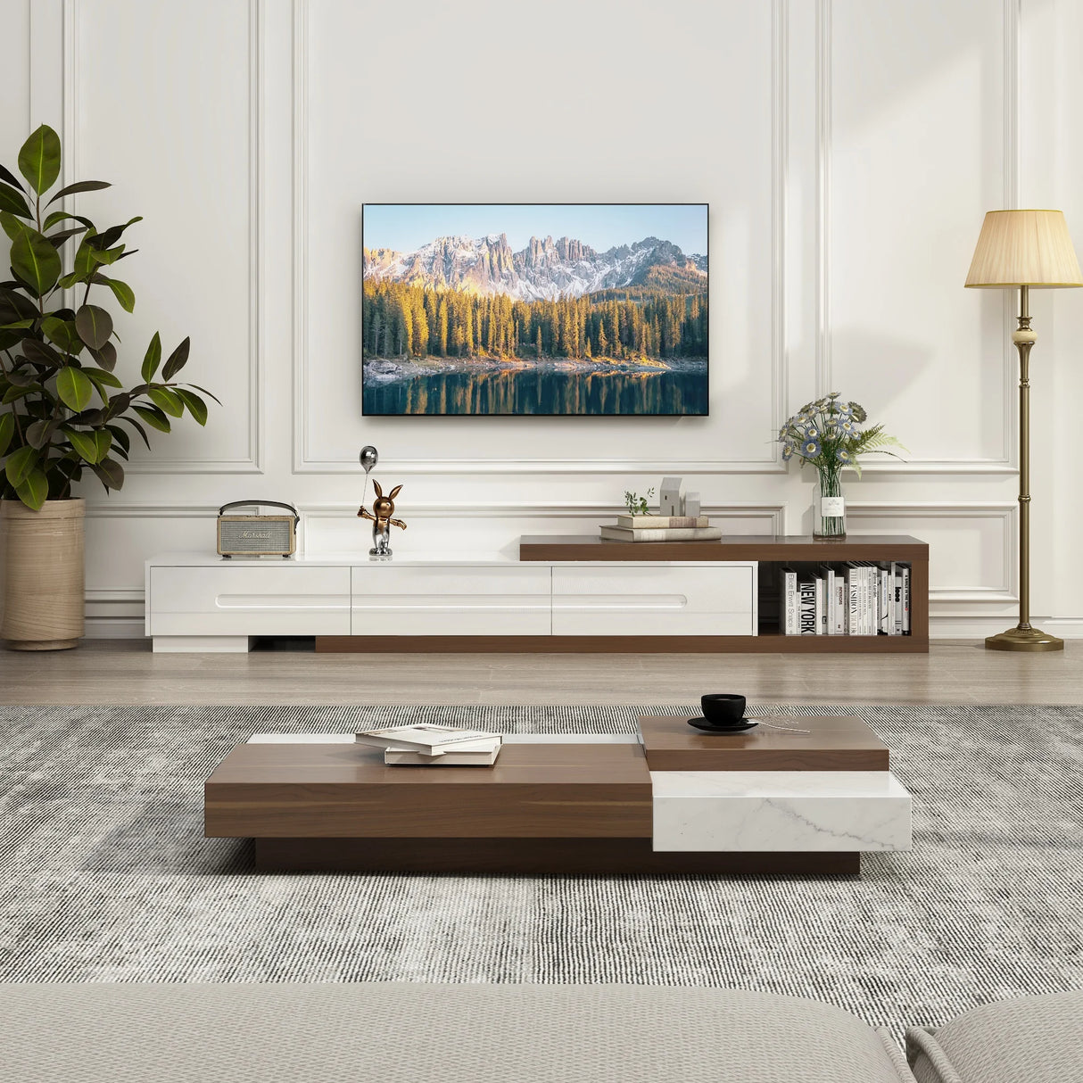 Extendable Reversible Engineered Wood TV Stand With Drawers