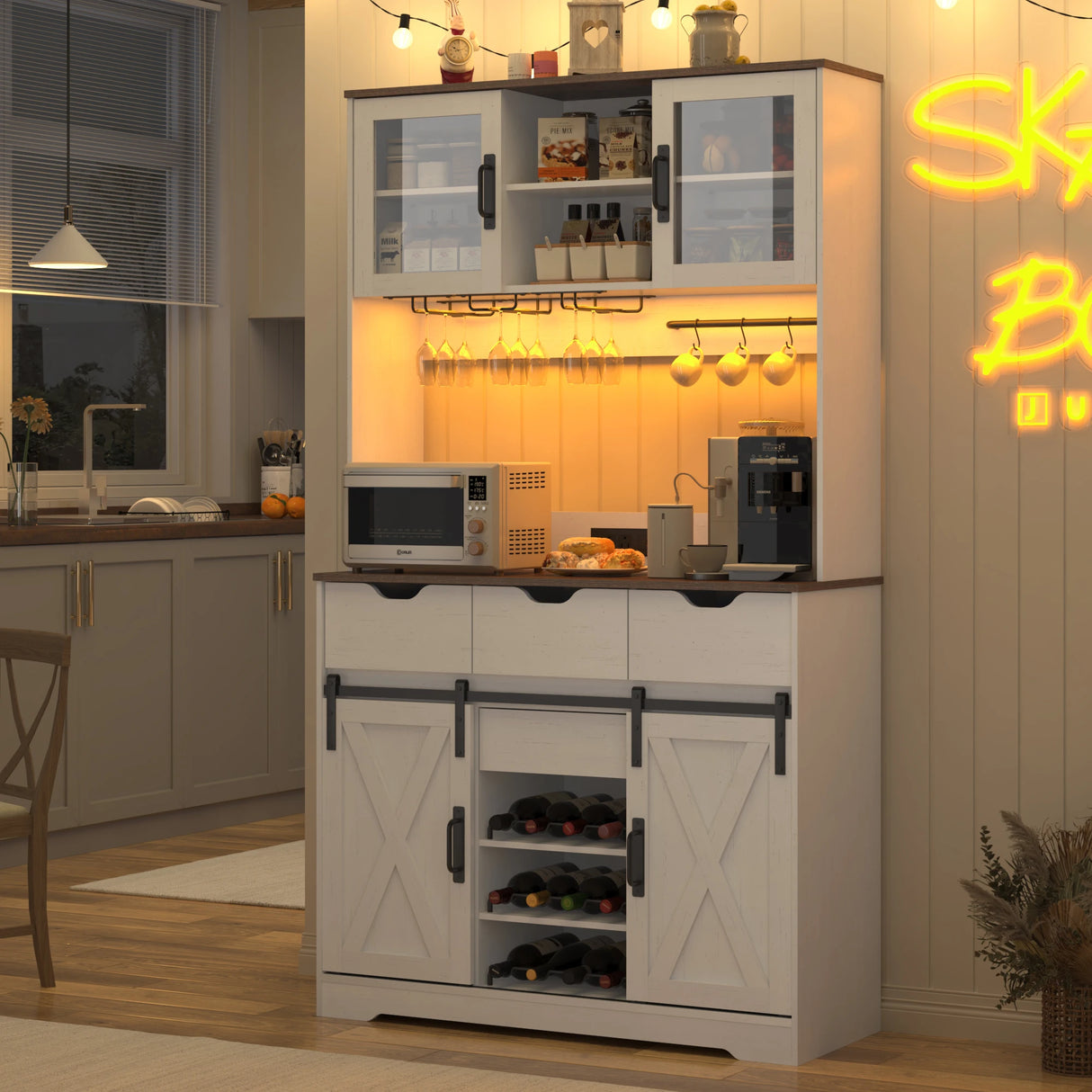 Farmhouse Wood Sliding Door Coffee Bar Cabinet With LED Lights