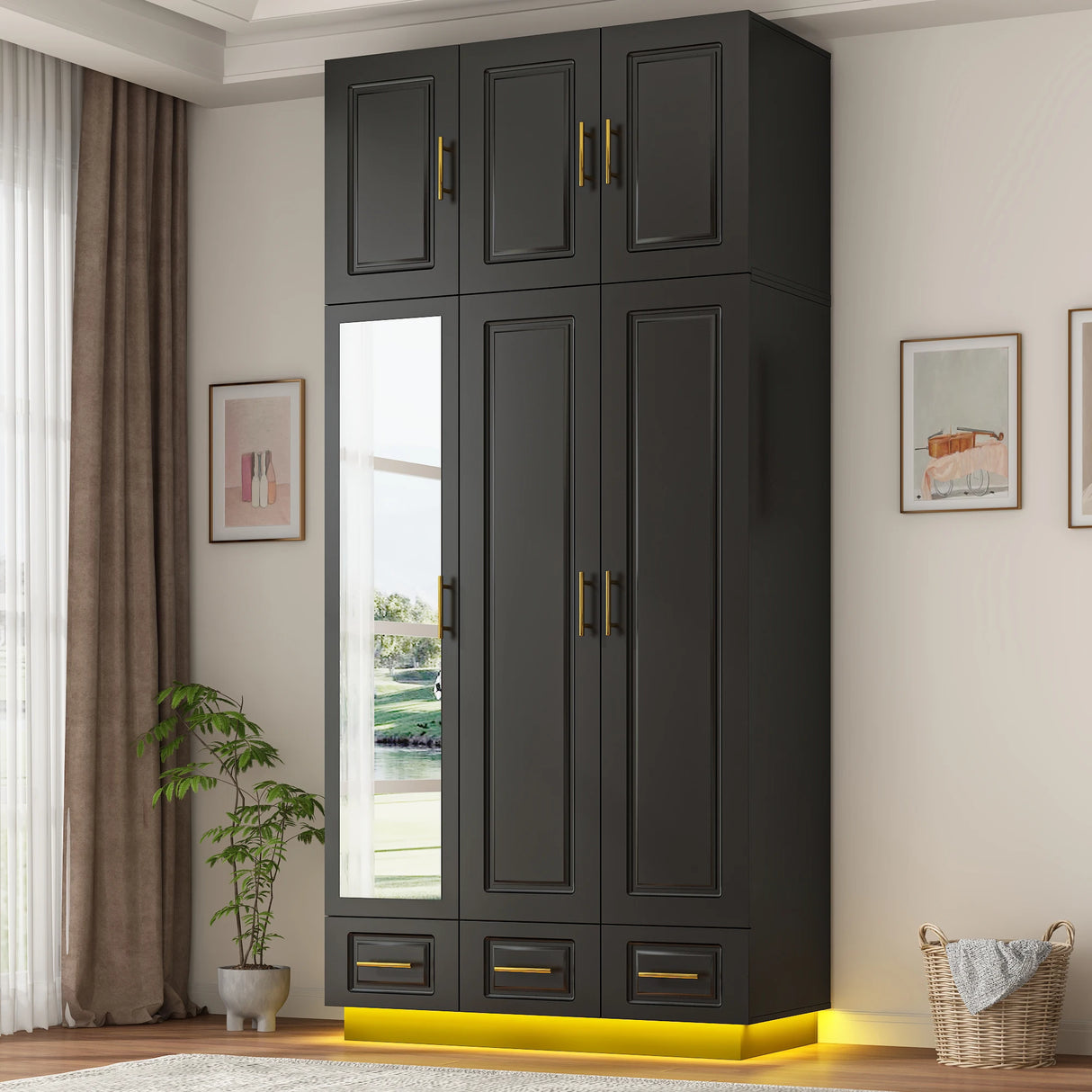 Modern 3-Door Engineered Wood Wardrobe With LED Lights