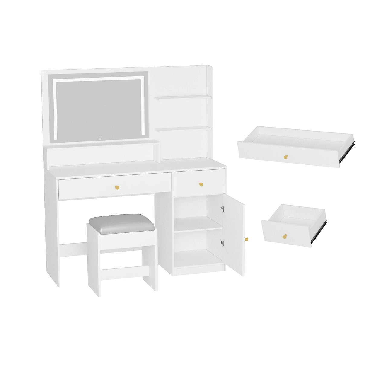 Modern Wooden Vanity Desk With Mirror Lights Charging Station