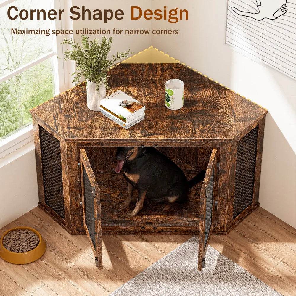 Retro Wooden Space-Saving Corner Pet Dog House - Omega Lifestyles