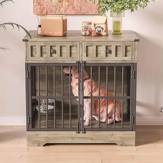 Indoor Wooden Dog Crate Furniture With Adjustable Feeder - Omega Lifestyles