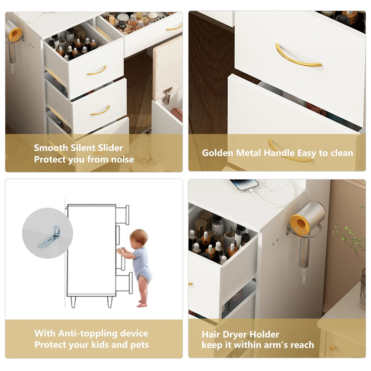 Modern Large Wooden Vanity Desk With Mirror Lights Stool