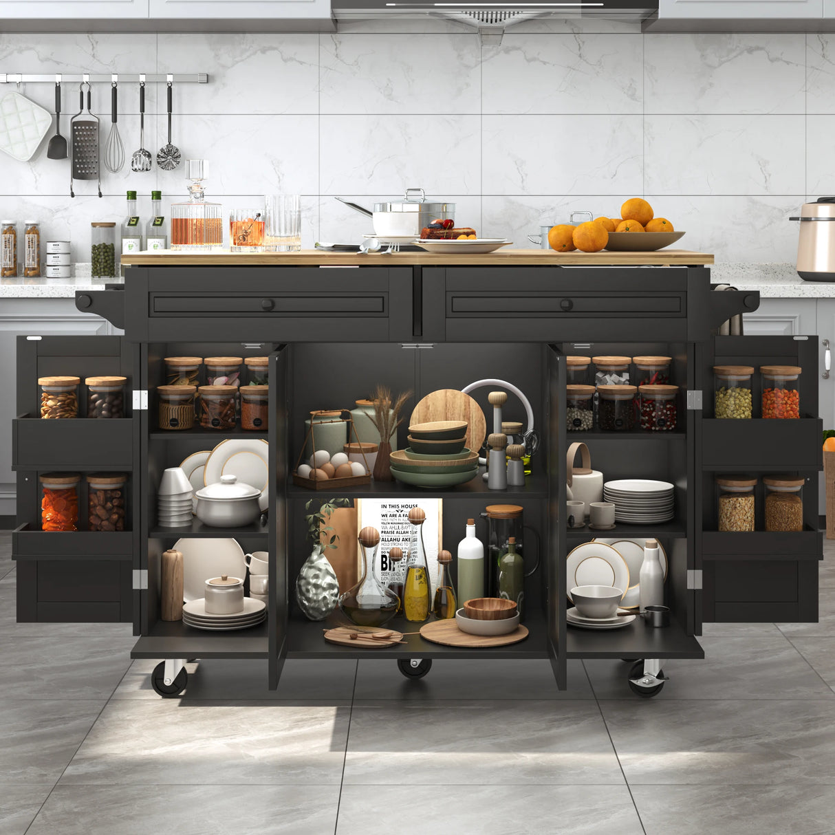 Spacious Rolling Kitchen Island Cart With Storage Cabinet