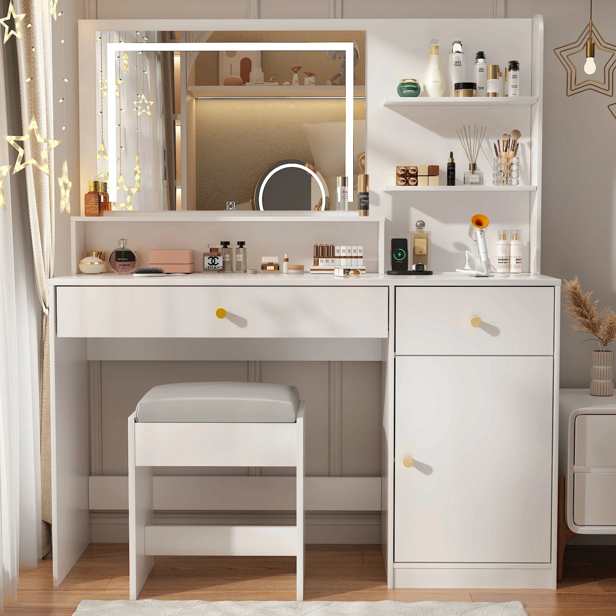 Modern Wooden Vanity Desk With Mirror Lights Charging Station