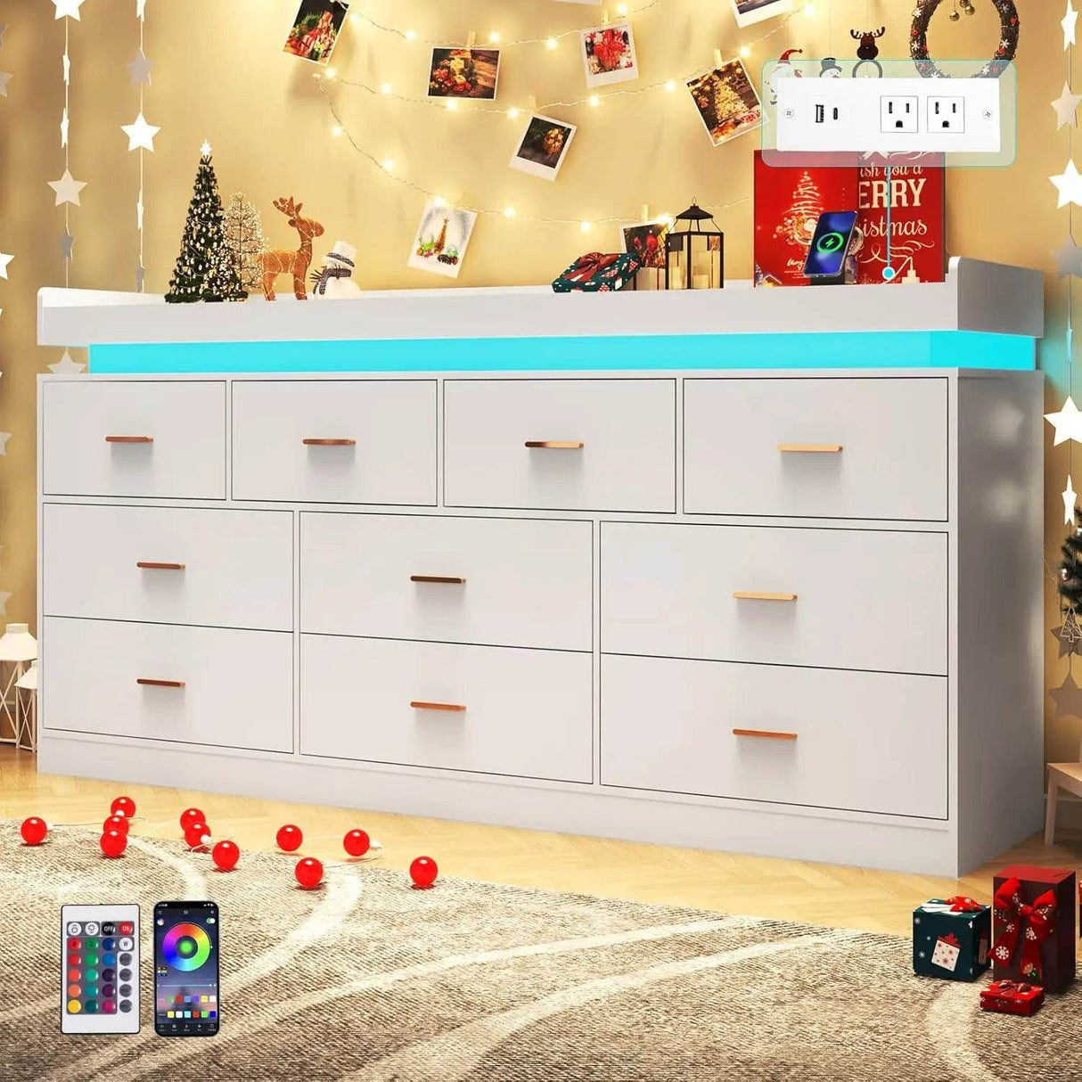 Modern 10-Drawer Dresser with LED Light - Omega Lifestyles