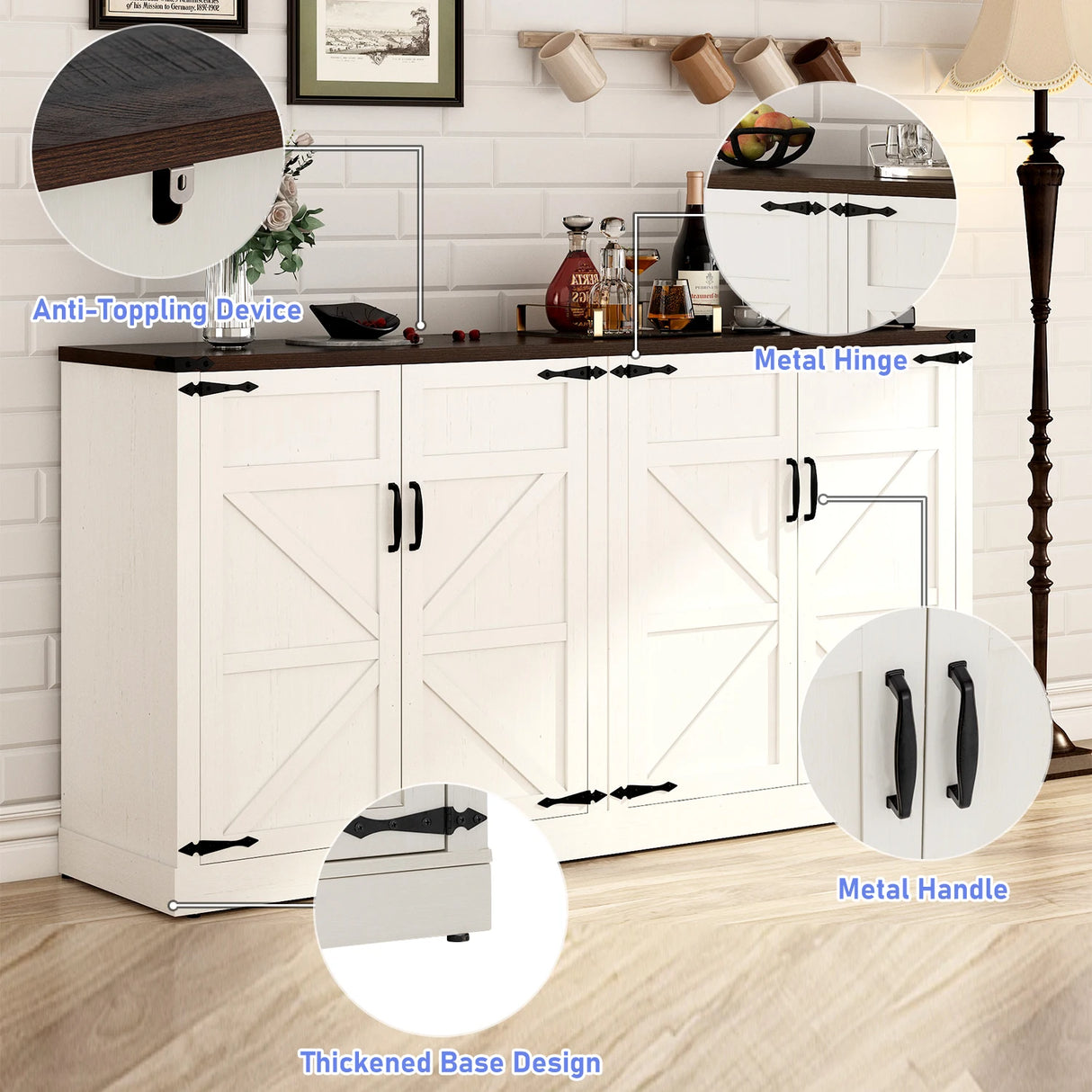 Farmhouse 65-Inch Wood Adjustable Shelf Sideboard Cabinet