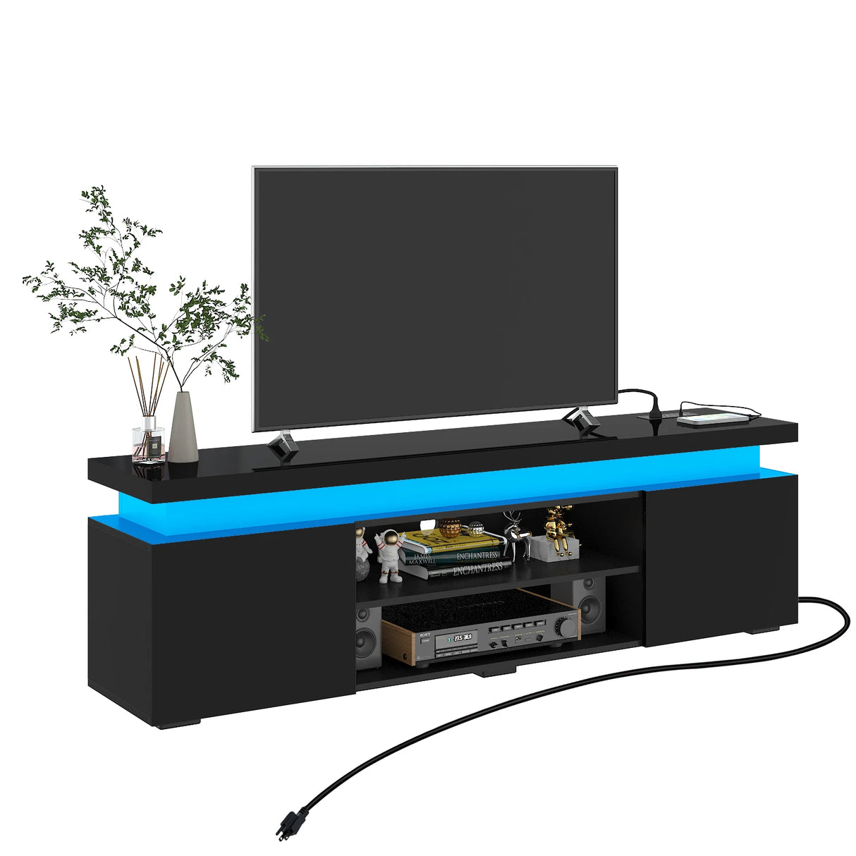 Modern 66-Inch High Gloss LED TV Stand With Power Outlet