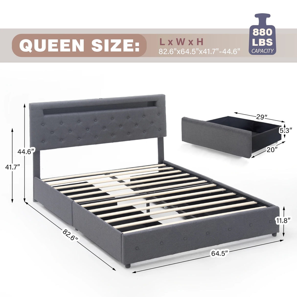 Queen LED Storage Bed Frame With Adjustable Headboard