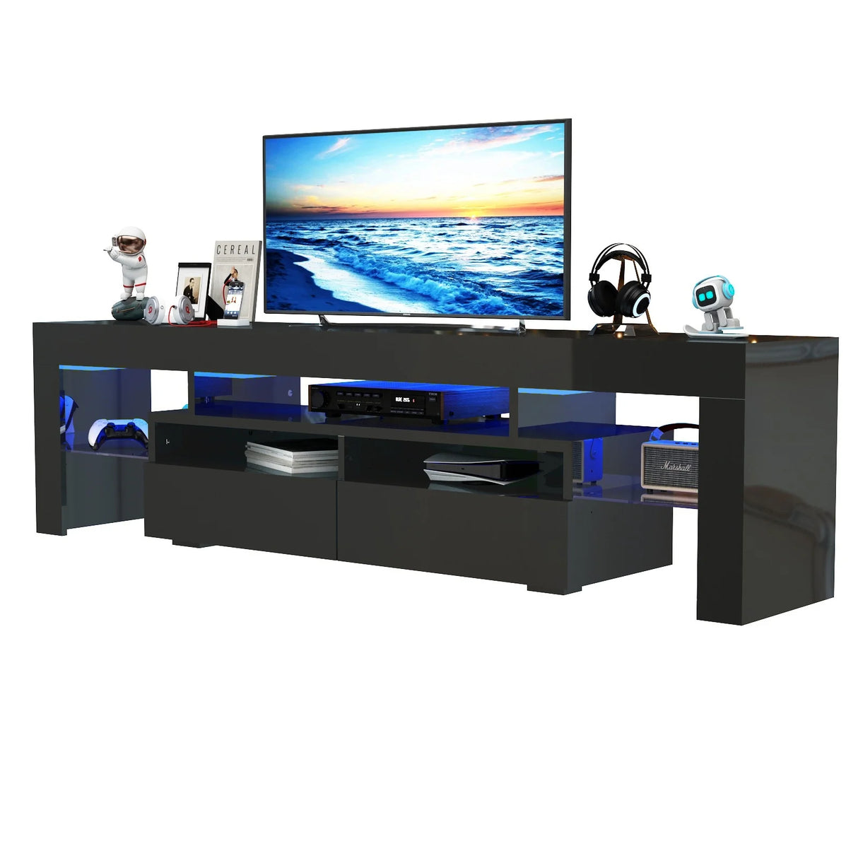 Modern RGB LED Wooden TV Stand With Storage Drawers