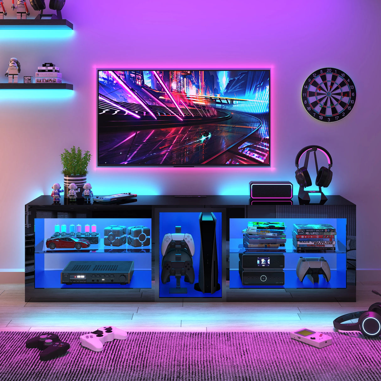 Modern 63-Inch High Gloss LED TV Stand With Storage