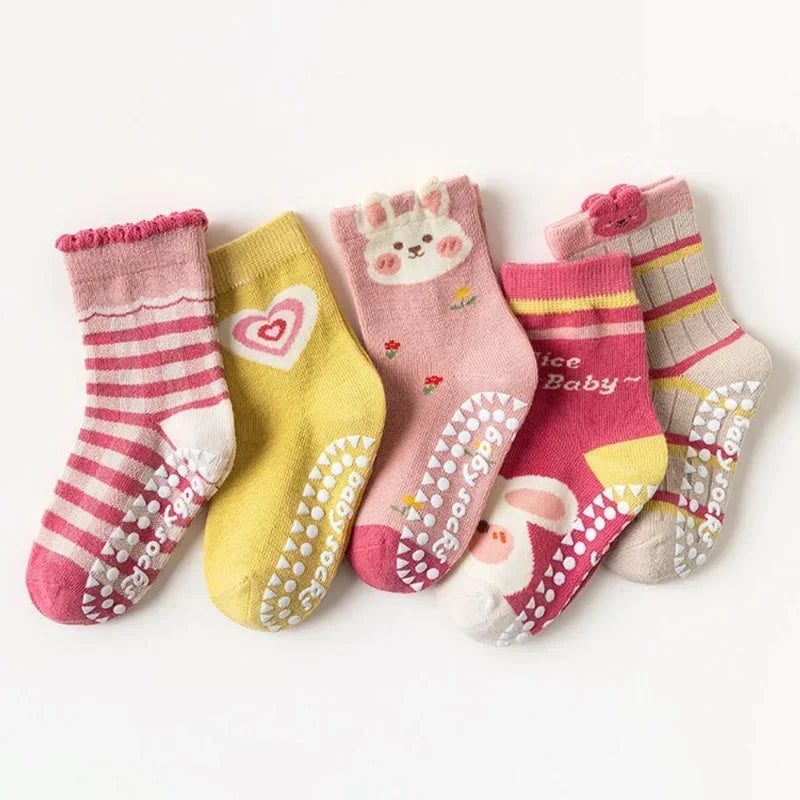 Pack Of 5 Kids Cartoon Non-Slip Cotton Socks