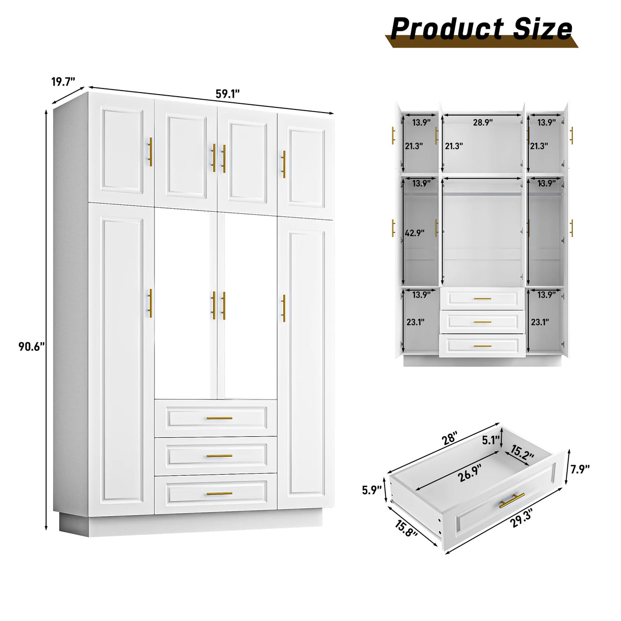Modern Minimalist 4-Door LED Armoire Wardrobe Closet