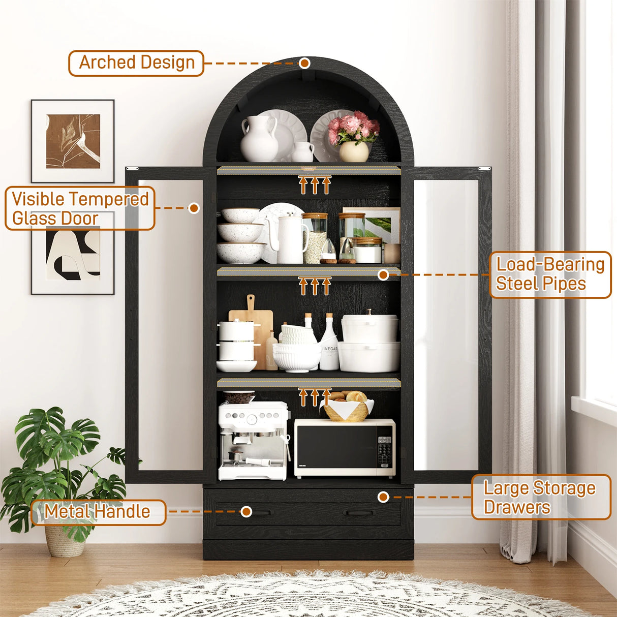 75-Inch Arched Farmhouse Wood Kitchen Pantry Cabinet