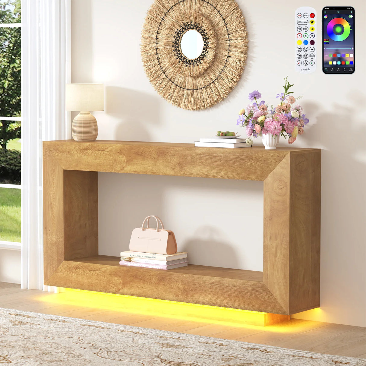 Wooden Farmhouse Console Table With 6000-Color Lighting