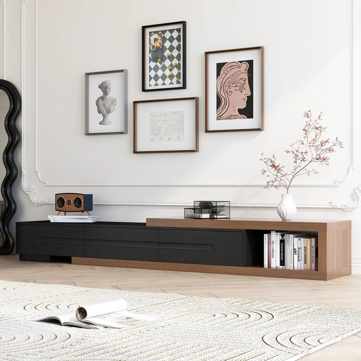 Extendable Reversible Engineered Wood TV Stand With Drawers