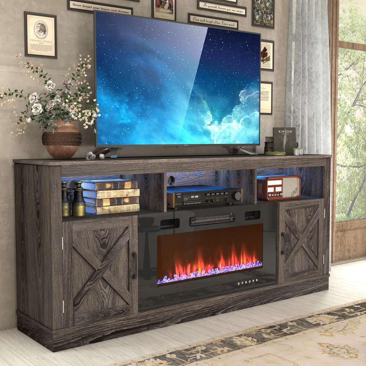 Farmhouse Rustic Fireplace TV Stand With LED Light