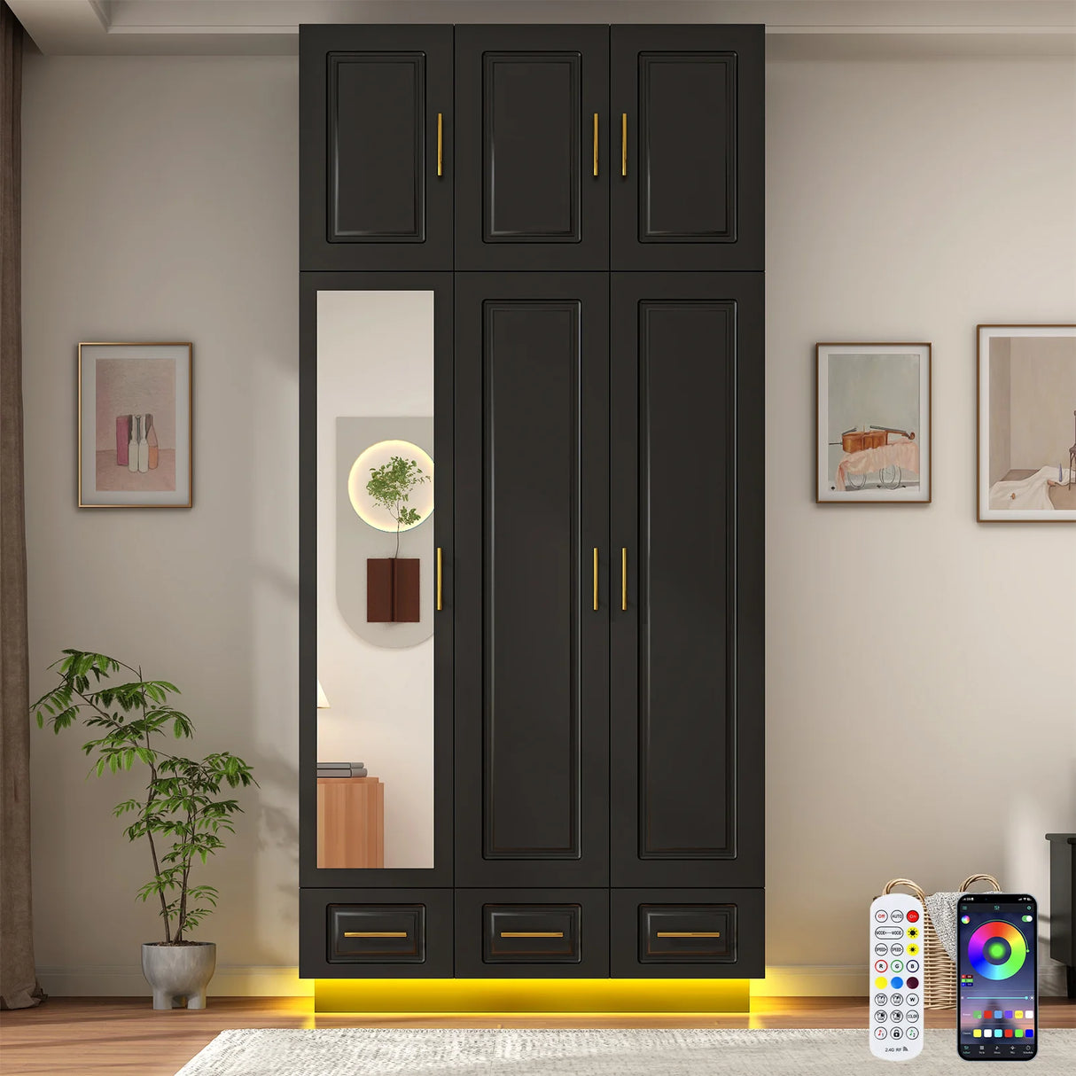 Modern 3-Door Engineered Wood Wardrobe With LED Lights